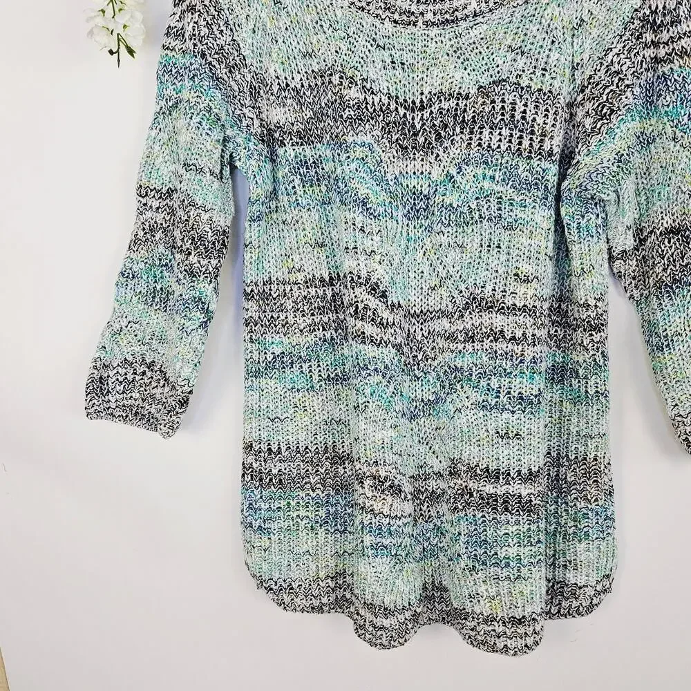 J Jill Marled Open Knit Tunic Sweater Size XL Cotton Blue Green Boho Winter Cozy